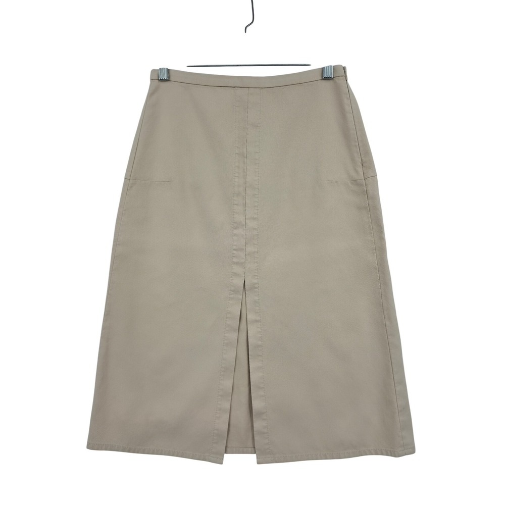 Theory Womens Khaki Beige Cotton Twill Midi Skirt Front Slit Size 0 XS Preppy
